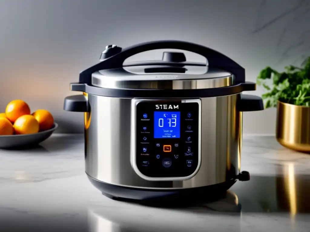 Una olla programable de cocina moderna con pantalla digital y acabado de acero inoxidable, en una encimera blanca limpia