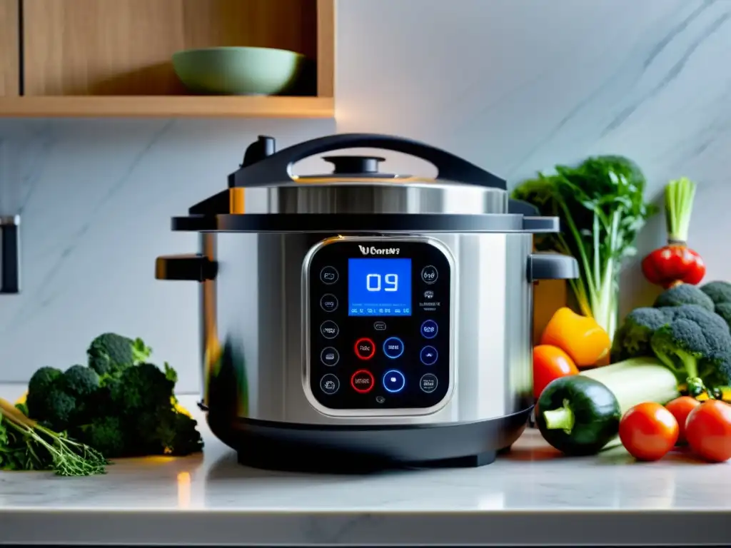 Olla programable en cocina moderna: multicooker rodeado de ingredientes frescos, mostrando versatilidad y conveniencia en la cocina contemporánea