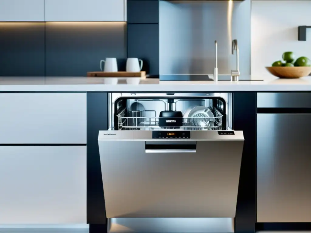 Opiniones lavavajillas Miele G 7000: Cocina moderna con lavavajillas brillante y elegante, ambiente sofisticado y eficiente