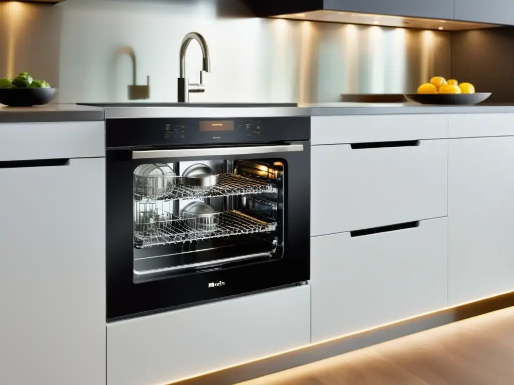 Opiniones lavavajillas Miele G 7000 en cocina moderna y lujosa, con diseño minimalista y ambiente acogedor