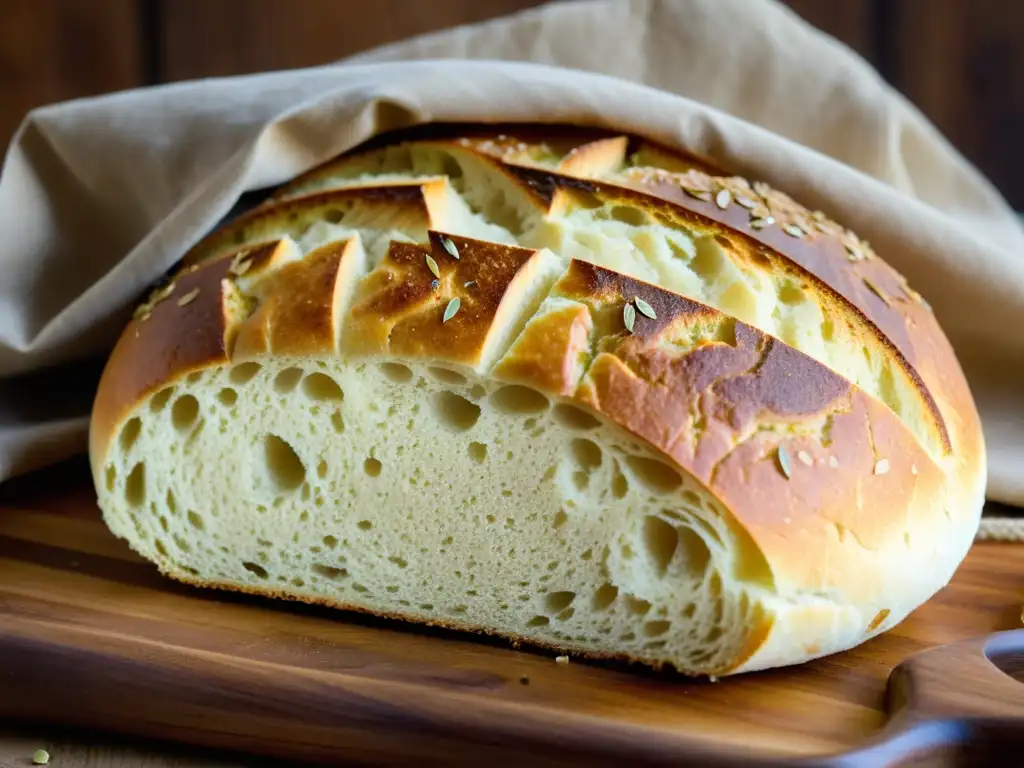 Pan casero recién horneado con una corteza dorada y miga suave, rodeado de harina y aceite de oliva, iluminado por luz natural