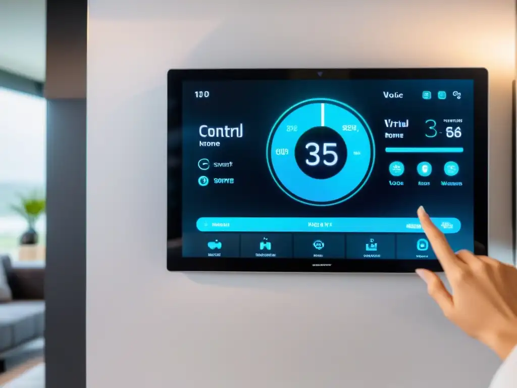 Panel de control de domótica avanzada con asistentes virtuales en un elegante y moderno hogar inteligente