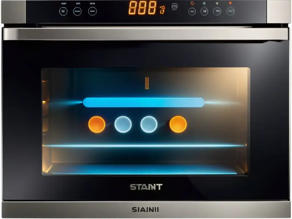 Un panel de control digital de horno con pantalla táctil moderna e iluminación cálida, mostrando opciones de temperatura y modo de cocción