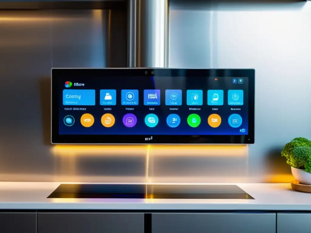 Panel de control de dispositivos inteligentes para el hogar en cocina moderna, con pantalla táctil, diseño futurista y funciones de gestión del hogar