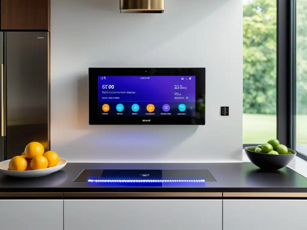 Panel de control de dispositivos inteligentes para el hogar en cocina moderna y minimalista con pantalla táctil vibrante y ambiente cálido