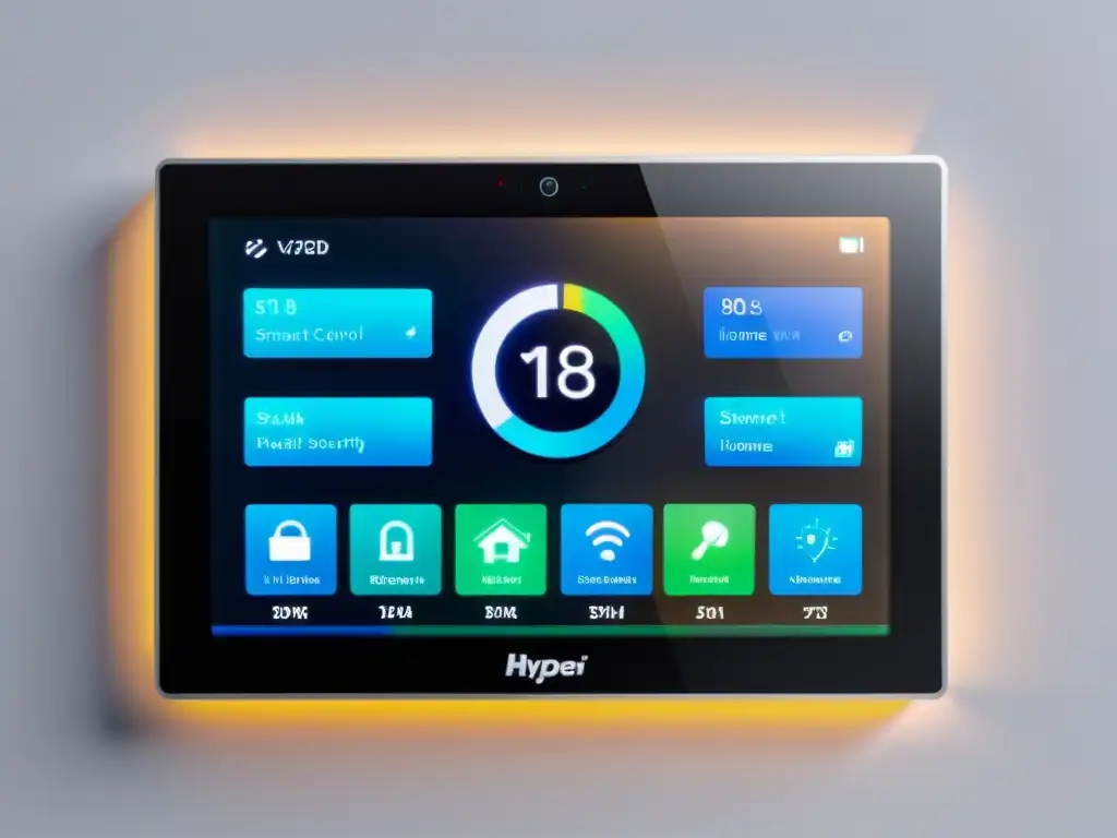 Panel de control de dispositivos inteligentes para el hogar con pantalla táctil, iluminación ambiental y diseño minimalista en pared blanca