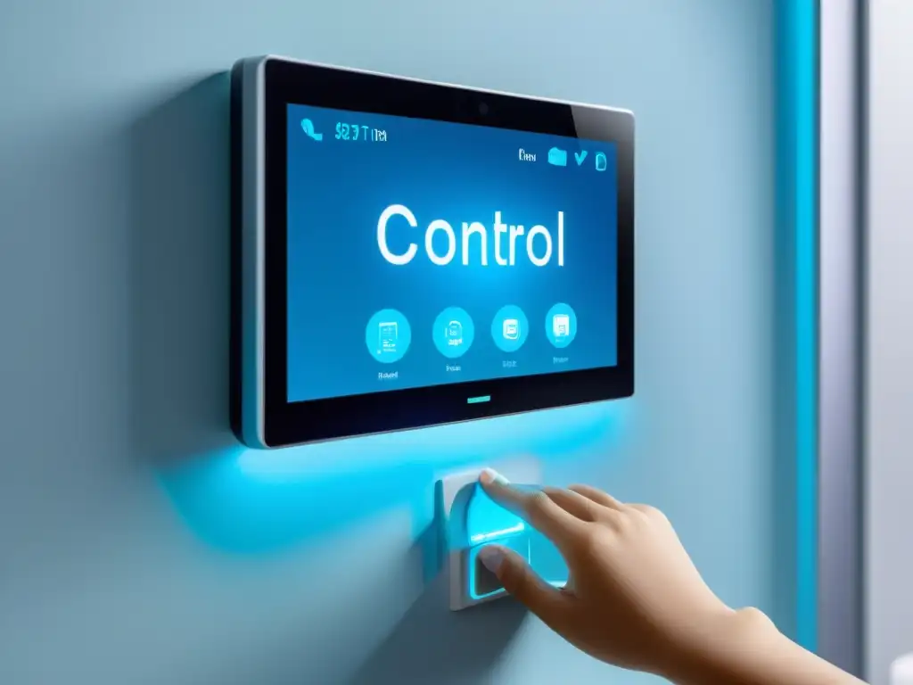 Panel de control domótico con configuraciones seguras para control parental, iluminado en azul, en un hogar moderno y elegante