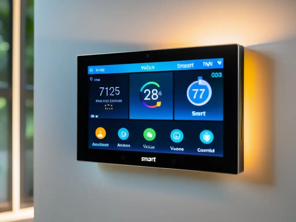 Panel de control domótico futurista con tecnologías de conectividad para el hogar, iluminación ambiental cálida y dispositivos inteligentes