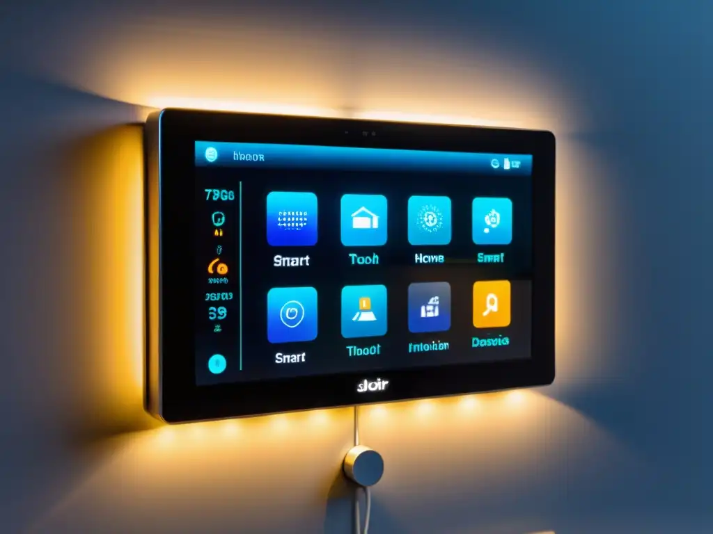 Panel de control domótico futurista con dispositivos conectados y sistema de iluminación ambiental, solucionar fallos técnicos sistema domótica