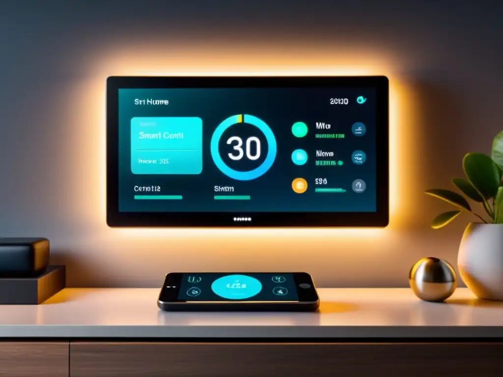 Panel de control domótico moderno con pantalla táctil, mostrando dispositivos conectados en una elegante sala de estar