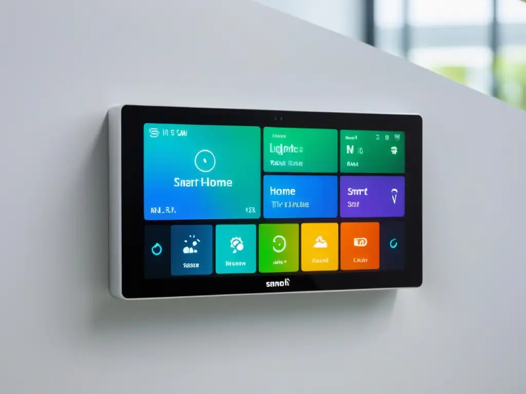 Panel de control domótico moderno con pantalla táctil mostrando funciones automatizadas de iluminación, temperatura y seguridad