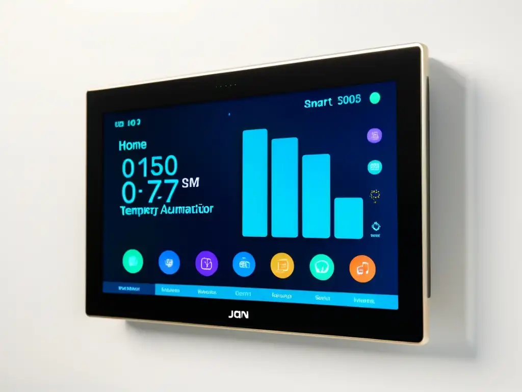 Panel de control domótico moderno con pantalla táctil, elegante diseño y gráficos vibrantes