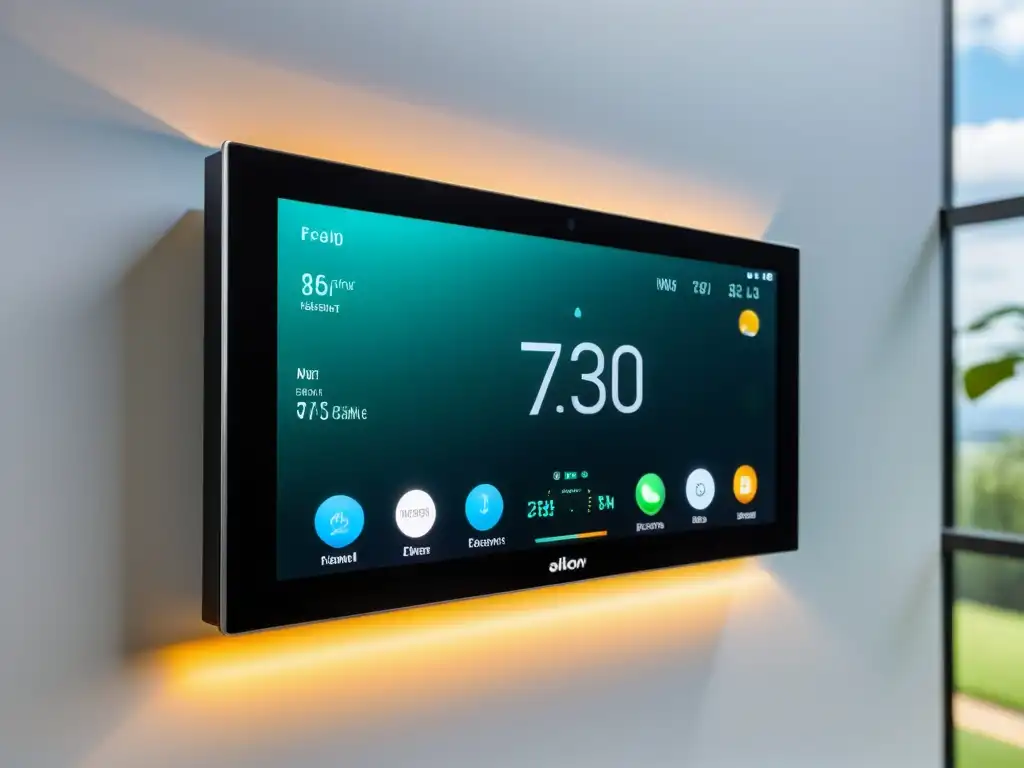 Panel de control domótico moderno, con pantalla táctil de cristal, botones iluminados y diseño minimalista