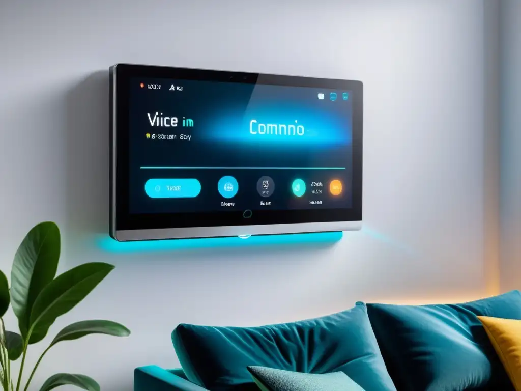 Panel de control futurista en hogar inteligente con personalización comandos asistentes virtuales hogar, ambiente hightech y holograma