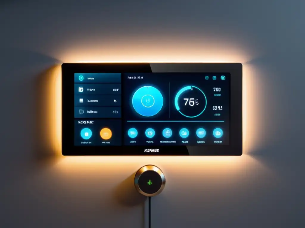 Panel de control de hogar inteligente con pantalla táctil futurista y elegante iluminación ambiental