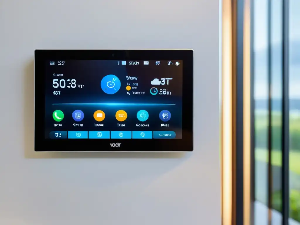Panel de control para hogar inteligente con pantalla táctil, mostrando dispositivos conectados y programación de rutinas