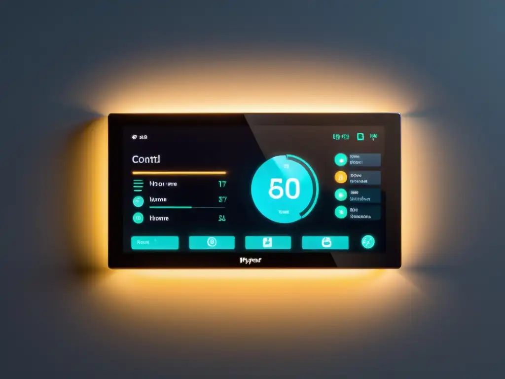 Panel de control de hogar inteligente con pantalla táctil y dispositivos conectados, creando una atmósfera futurista y elegante