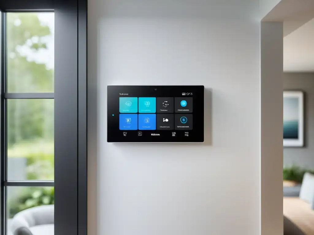 Panel de control inteligente en hogar moderno, con interfaz de asistente virtual personalizable