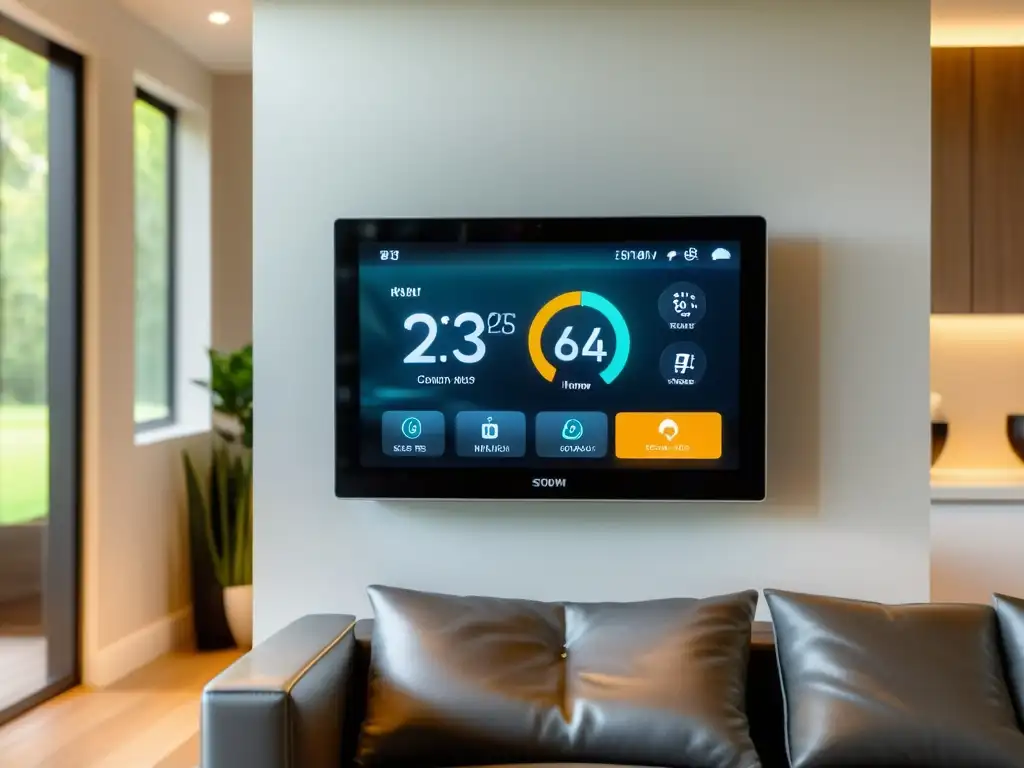 Panel de control inteligente en un hogar moderno con sistemas de automatización, mostrando dispositivos interconectados