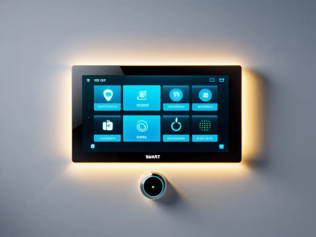 Panel de control inteligente para el hogar en una pared blanca, con dispositivos conectados en pantalla