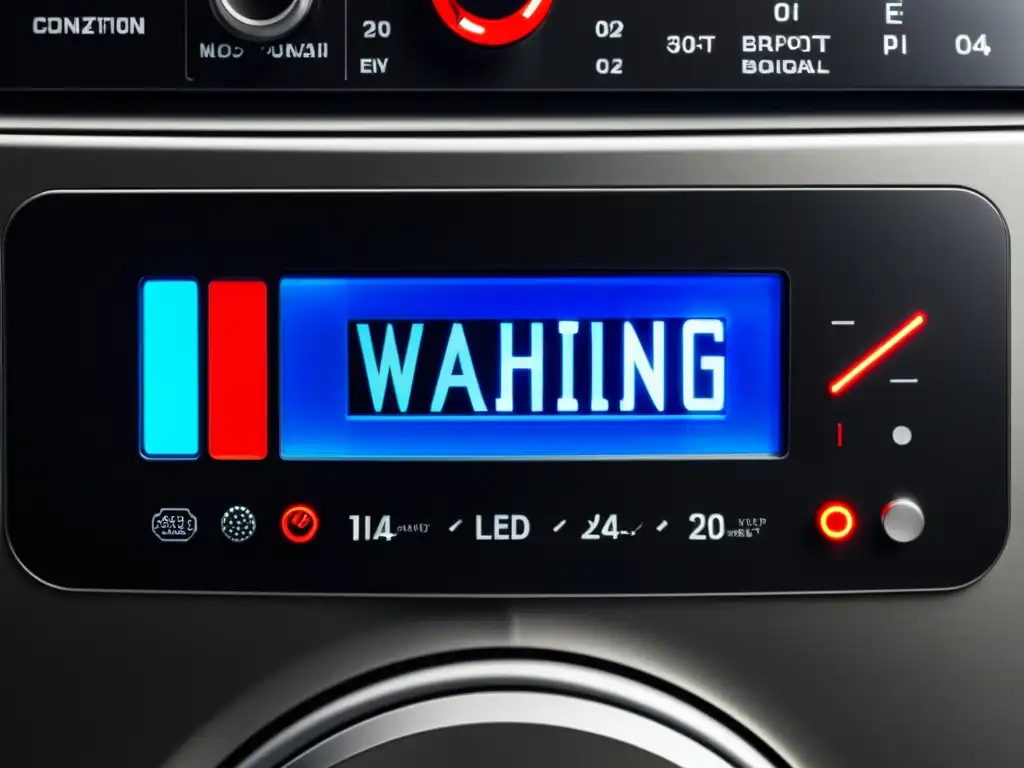 Panel de control de lavadora con errores E2 y E4 en pantalla, iluminación suave resalta el diseño moderno y minimalista