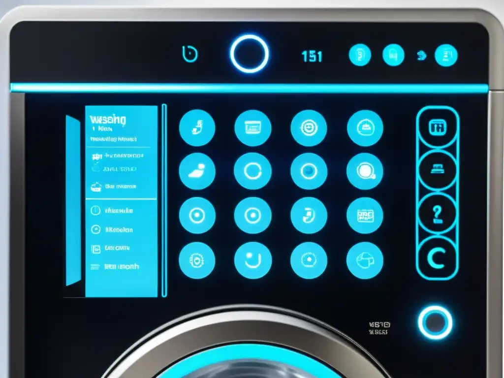 Panel de control de lavadora inteligente con pantalla táctil iluminada en azul, software avanzado y conectividad