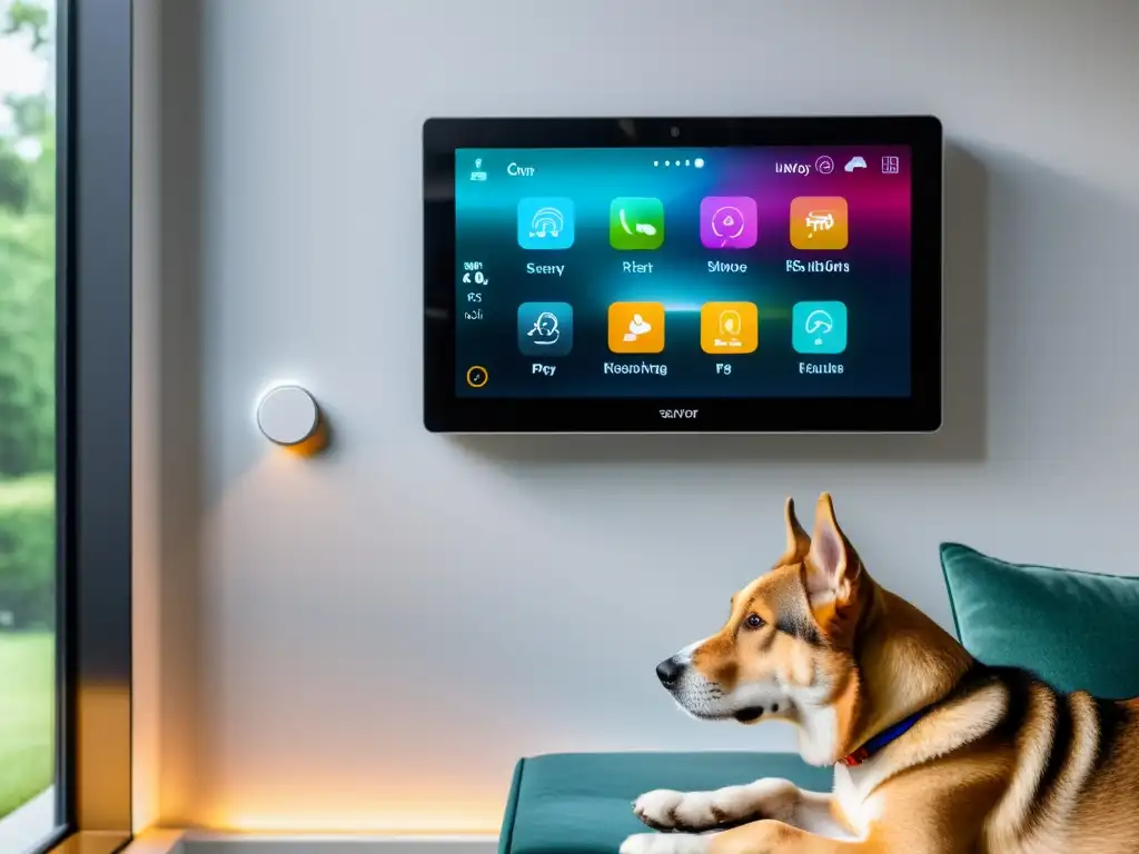 Panel de control moderno para cuidado de mascotas a distancia en hogar minimalista con tecnología integrada