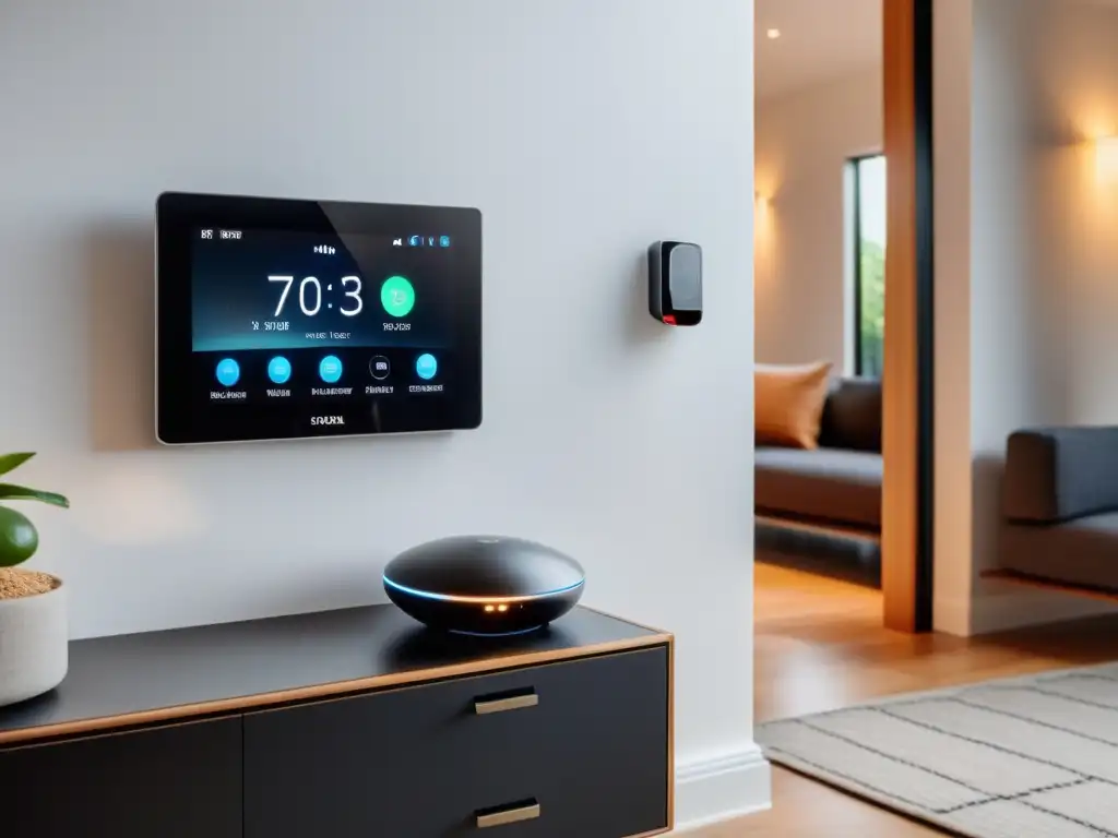 Sistema de seguridad doméstica moderno: panel de control negro elegante en una casa contemporánea Panel de control negro elegante para seguridad hogar, integrado en un ambiente contemporáneo con asistentes virtuales para seguridad hogar