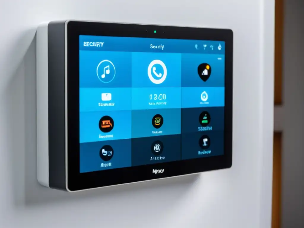 Sistema de seguridad doméstica moderno: panel central negro con pantalla digital y dispositivos inteligentes Panel de control negro con pantalla digital y dispositivos inteligentes para seguridad del hogar, con asistentes virtuales integrados