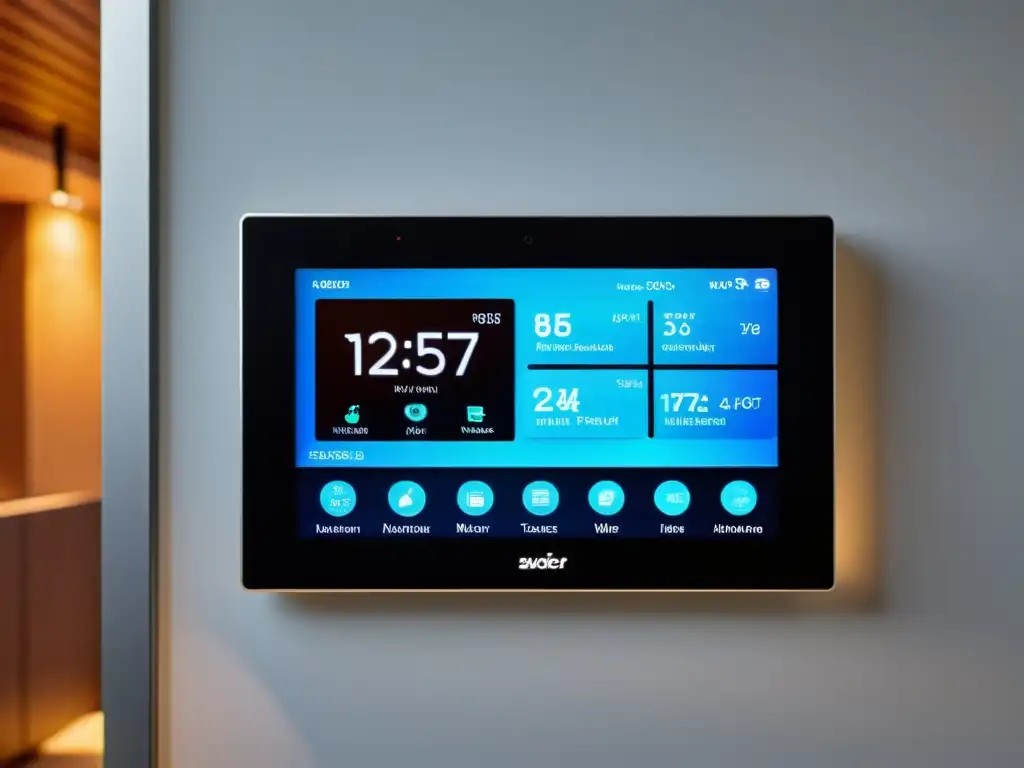 Panel de control de sistema de domótica con interfaz intuitiva y pantalla vibrante, integrado en un espacio contemporáneo