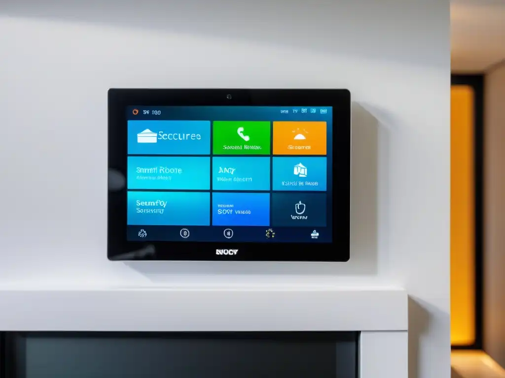 Panel de control de sistema de seguridad para hogar inteligente, actualizando firmware de forma segura e intuitiva en un ambiente moderno y elegante