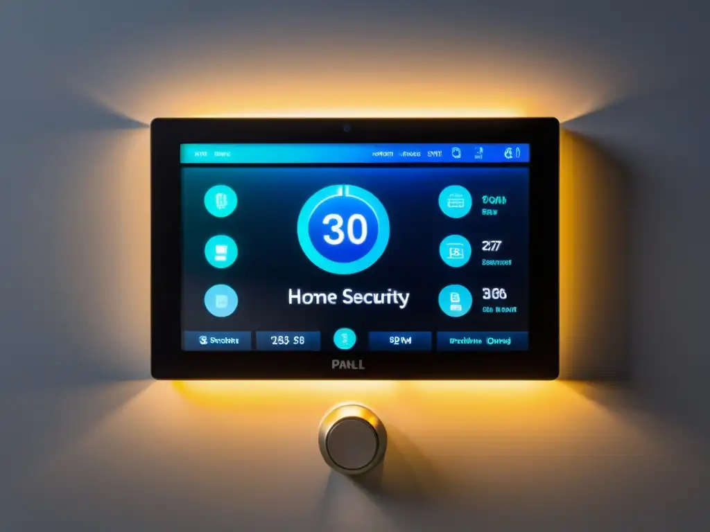 Panel de control de sistema de seguridad doméstica moderno con pantalla táctil elegante, iluminado por luz ambiental suave