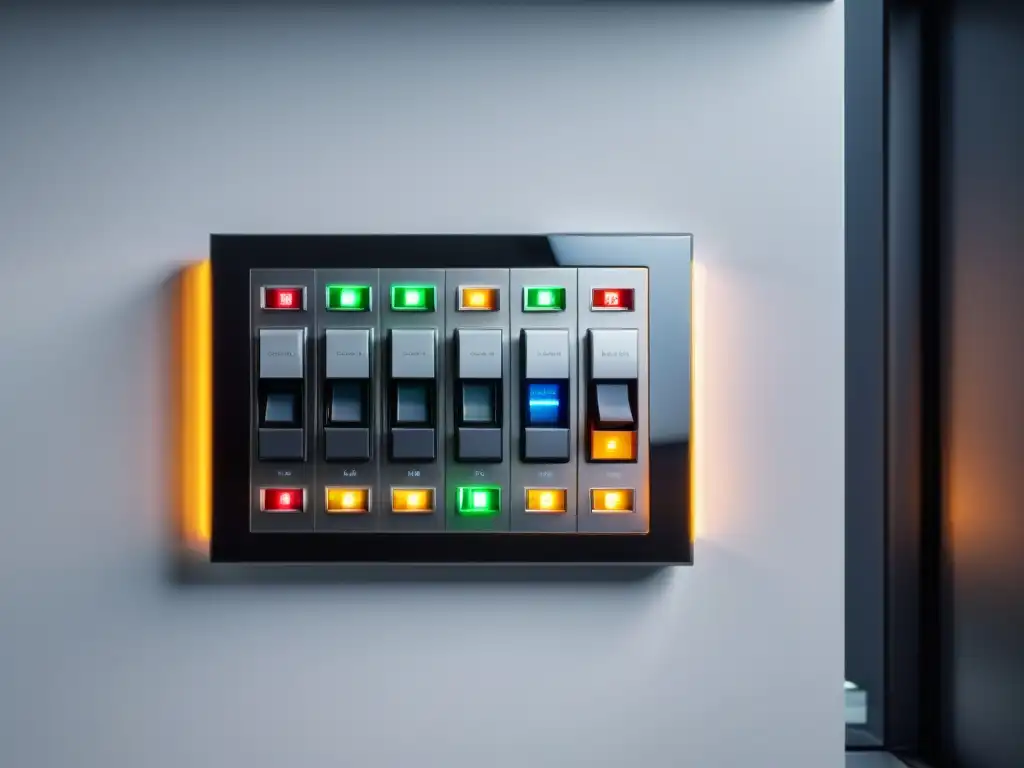 Panel eléctrico moderno con diseño futurista, circuitos coloridos y tecnología de vanguardia, iluminado por luz natural