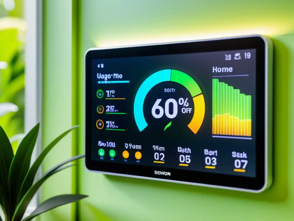 Panel de pantalla de dispositivo inteligente para el hogar, mostrando ahorro de energía con gráficos vibrantes