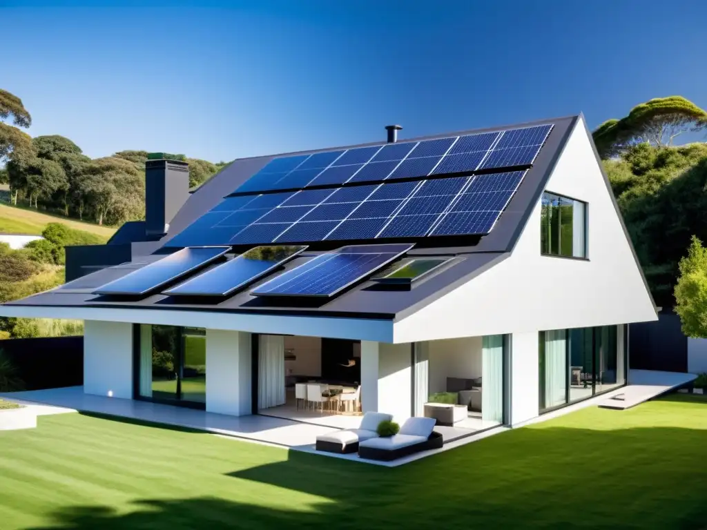 Paneles solares integrados en un hogar moderno, combinando elegancia con tecnología sostenible y domótica