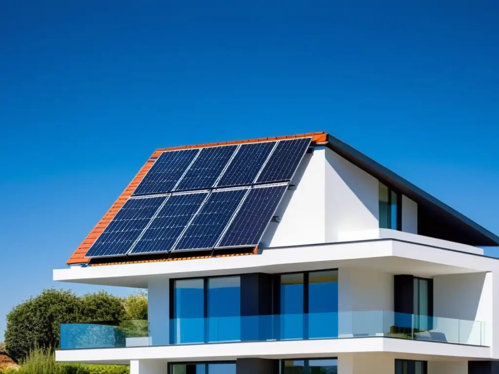 Panorámica de casa moderna con paneles solares, capturando su diseño elegante y líneas limpias bajo el cielo azul