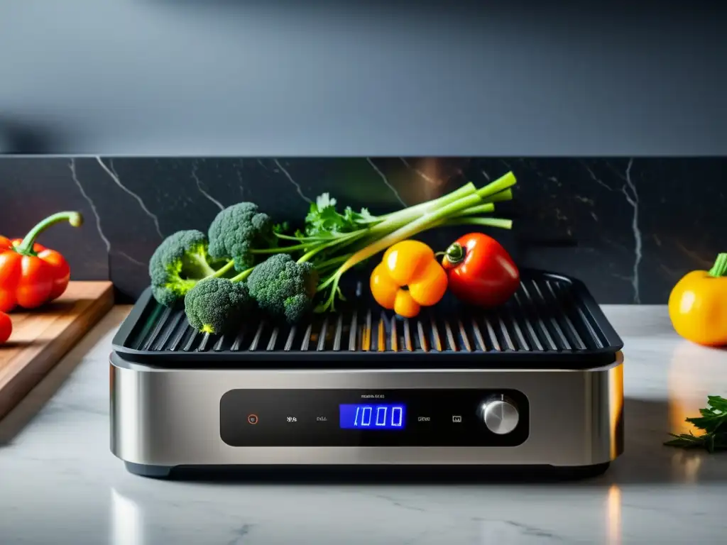 Una parrilla eléctrica de precisión en una elegante cocina minimalista con vegetales frescos