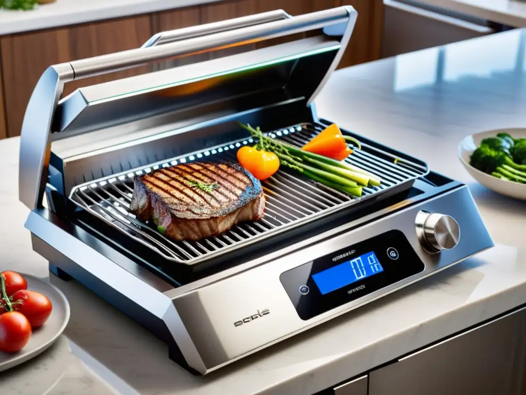 Una parrilla eléctrica de precisión moderna en una cocina elegante con alimentos perfectamente cocidos y colores vibrantes