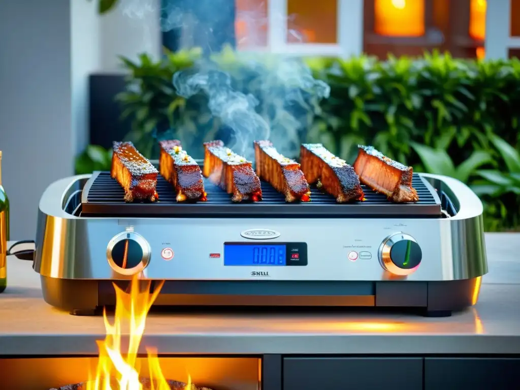 Una parrilla eléctrica moderna con costillas de barbacoa perfectamente cocidas, humeantes y jugosas bajo la cálida luz dorada