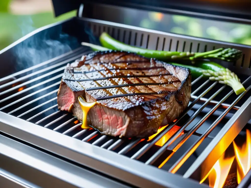 Una parrilla eléctrica de precisión moderna y elegante, con grill perfecto en un jugoso filete y vegetales vibrantes