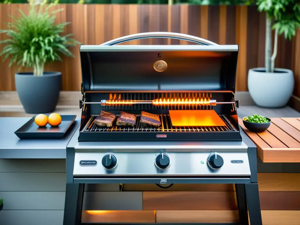 Una parrilla eléctrica moderna y elegante en un patio minimalista con plantas y mobiliario de exterior