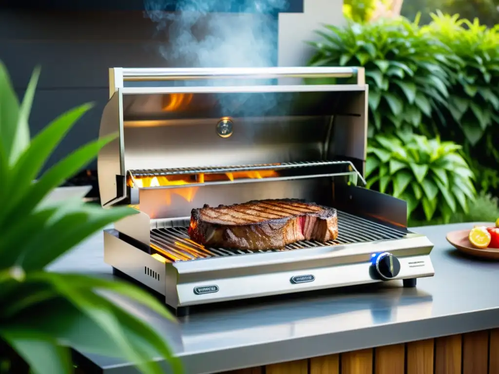 Una parrilla eléctrica moderna en un patio elegante, rodeada de plantas verdes, bañada por la cálida luz del sol