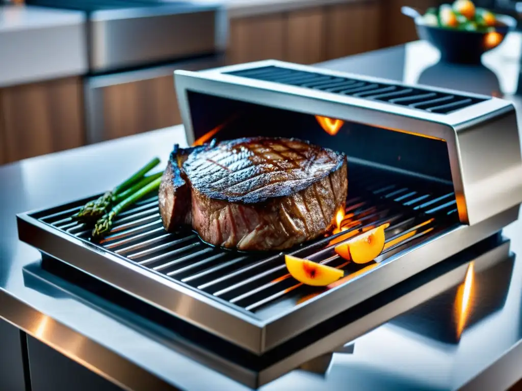 Parrillas eléctricas de precisión: moderna parrilla con steak y vegetales caramelizados en cocina contemporánea iluminada