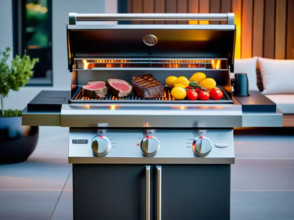 Parrillas eléctricas de precisión: grill moderno de acero inoxidable con steaks y vegetales perfectamente cocidos en un elegante patio al aire libre