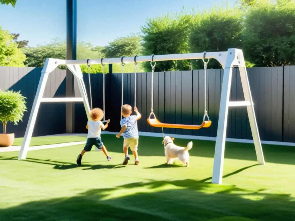 Un patio trasero seguro y acogedor, con niños y mascotas disfrutando de un columpio moderno blanco y plateado