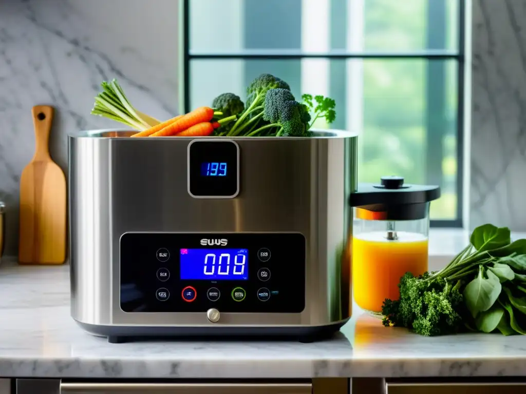 Pequeños electrodomésticos innovadores para cocina: Una máquina sous vide moderna rodeada de ingredientes frescos en una cocina cálida y acogedora