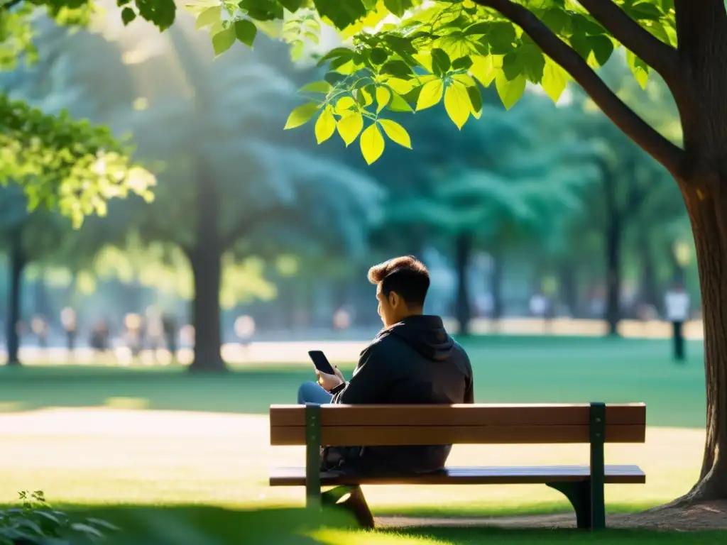 Persona en banco del parque, atenta al smartphone con notificaciones de seguridad en tiempo real, rodeada de naturaleza y luz suave entre árboles