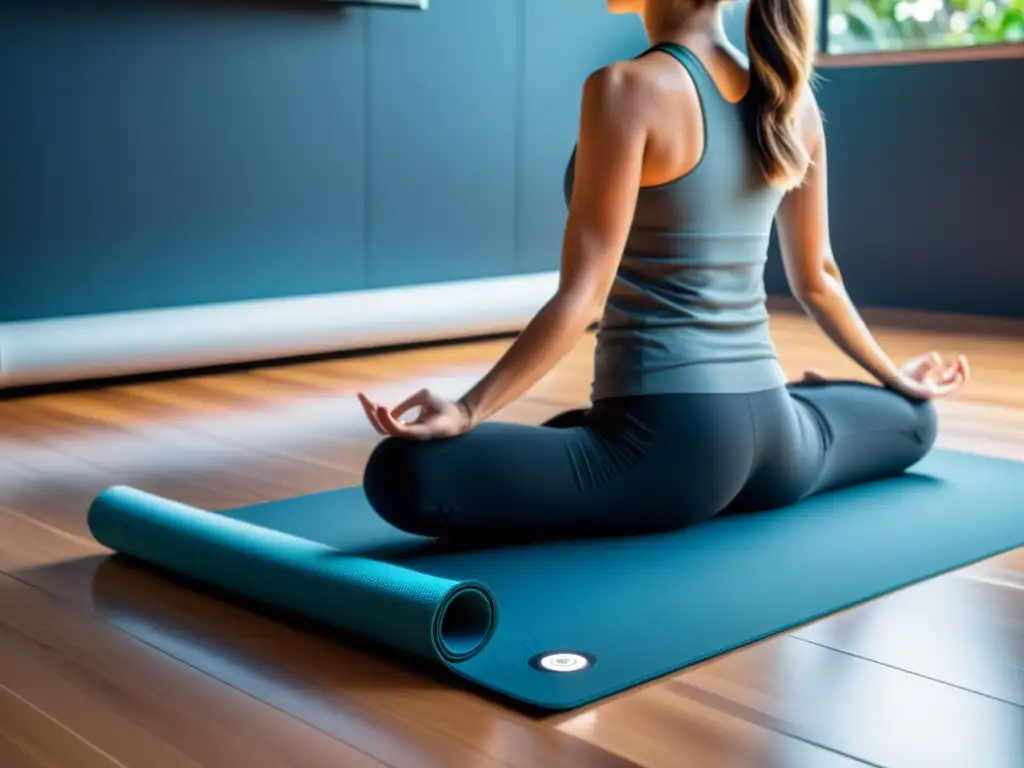 Persona en casa usando una innovadora esterilla de yoga inteligente, con tecnología y diseño moderno, creando un ambiente sereno y acogedor