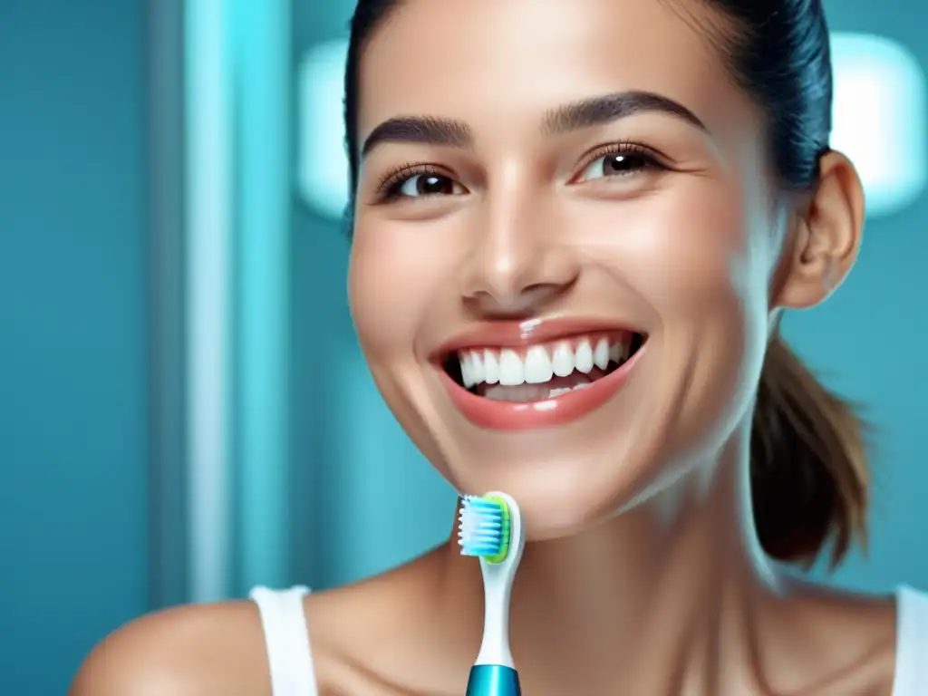 Una persona sonriendo con cepillos de dientes eléctrico y manual en un baño moderno