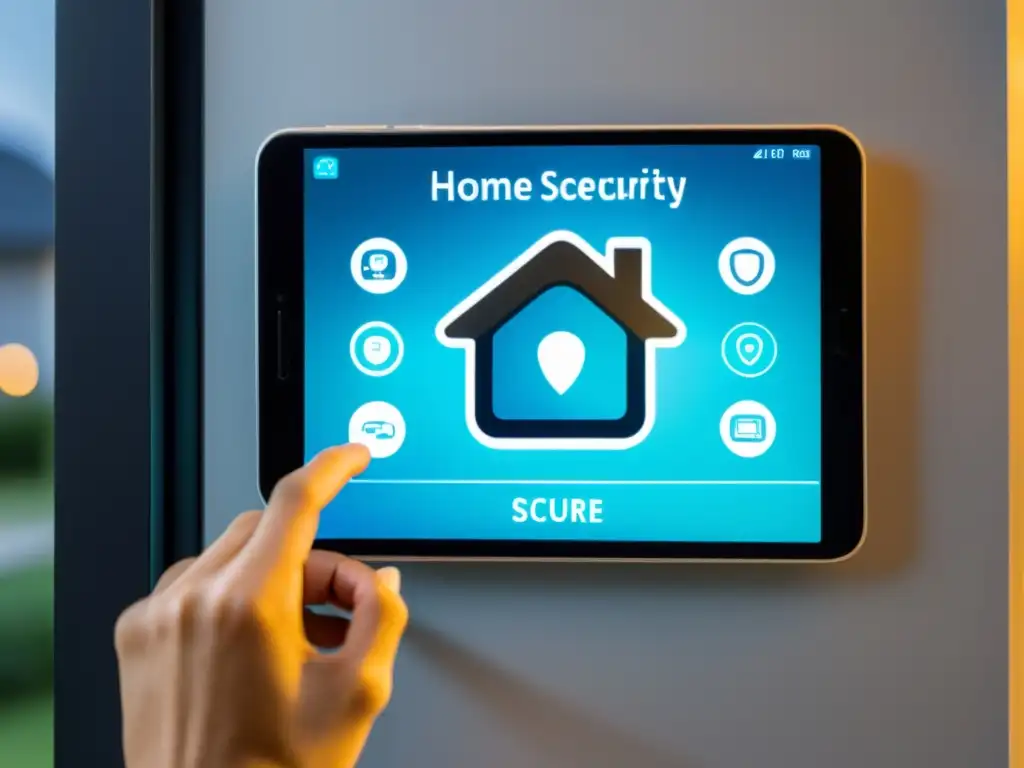 Persona configurando claves seguras para hogar inteligente en app de seguridad, rodeada de dispositivos smart